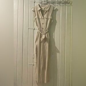 Sleeveless Collared Jumpsuit with Waist Tie in Light Beige